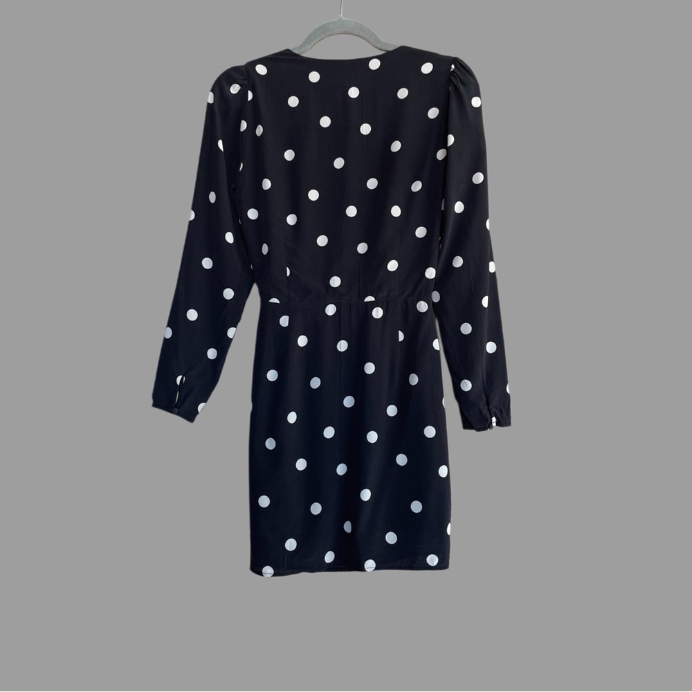 SEZANE Black & White Silk Polka Dot Long Sleeve V Neck Mini Wrap Dress - Picture 8 of 16